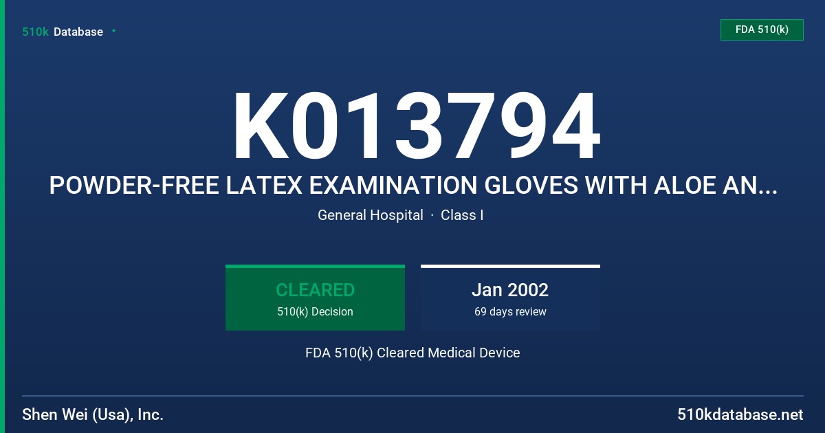 K013794 POWDER-FREE LATEX EXAMINATION GLOVES WITH ALOE AND PROTEIN CLAIM, TESTED FOR USE WITH CHEMOTHERAPY DRUGS FDA 510(k) Cleared Medical Device