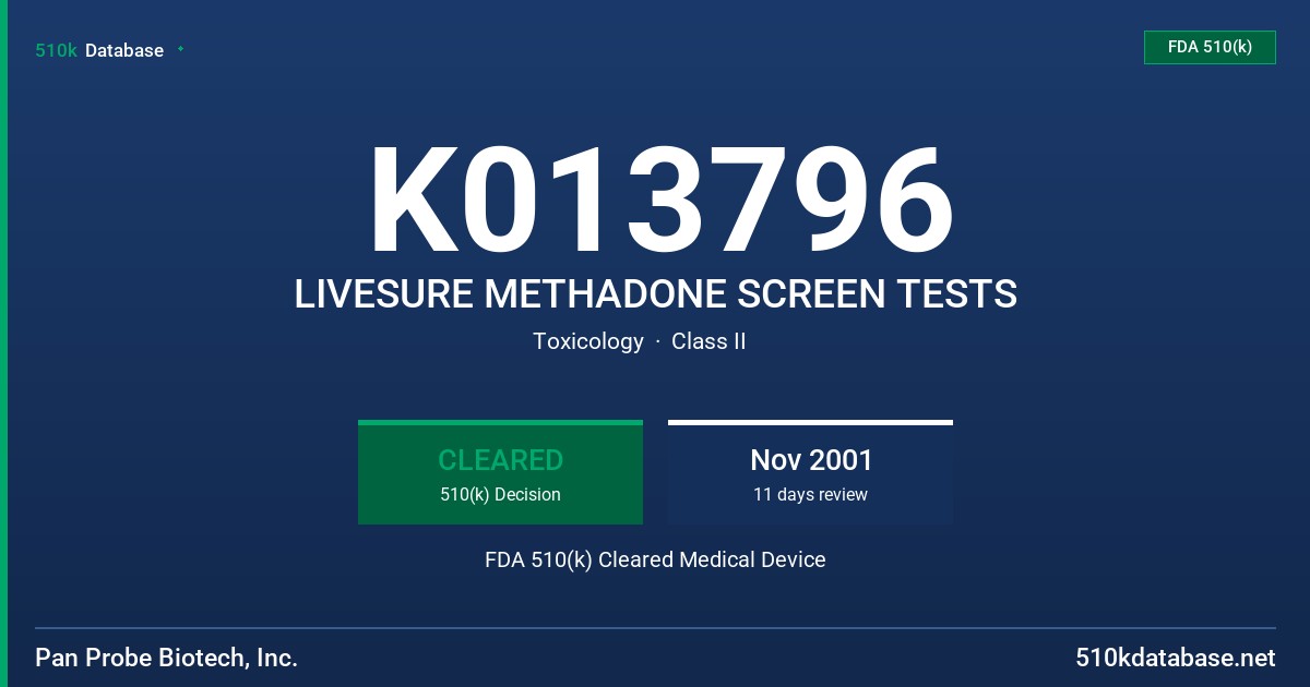 K013796 LIVESURE METHADONE SCREEN TESTS FDA 510(k) Cleared Medical Device
