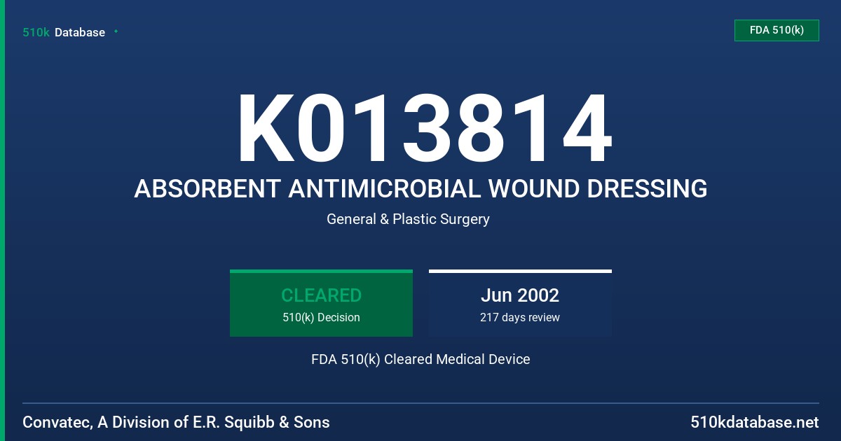 K013814 ABSORBENT ANTIMICROBIAL WOUND DRESSING FDA 510(k) Cleared Medical Device