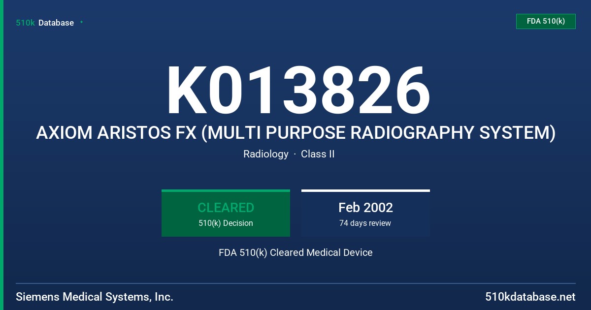 K013826 AXIOM ARISTOS FX (MULTI PURPOSE RADIOGRAPHY SYSTEM) FDA 510(k) Cleared Medical Device