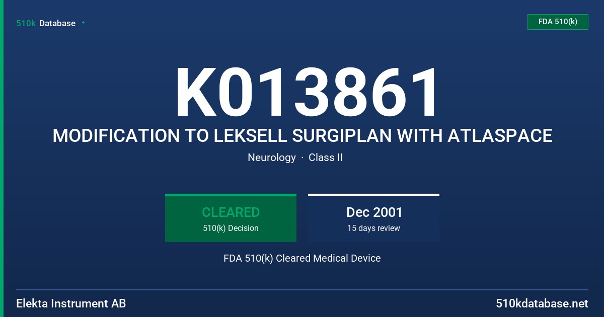 K013861 MODIFICATION TO LEKSELL SURGIPLAN WITH ATLASPACE FDA 510(k) Cleared Medical Device