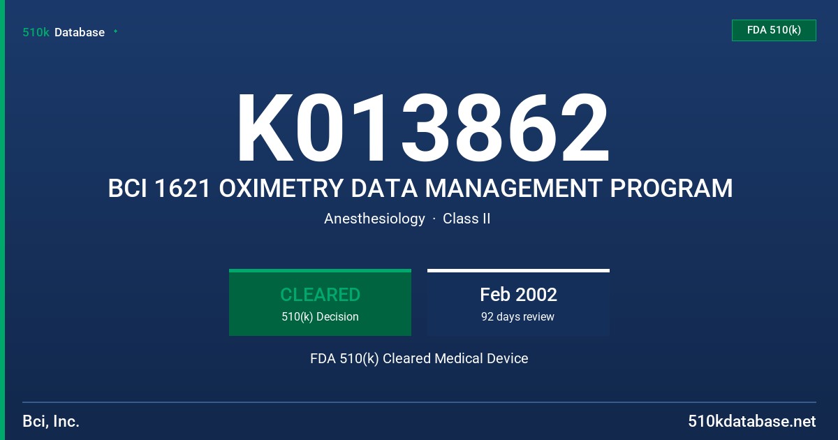 K013862 BCI 1621 OXIMETRY DATA MANAGEMENT PROGRAM FDA 510(k) Cleared Medical Device
