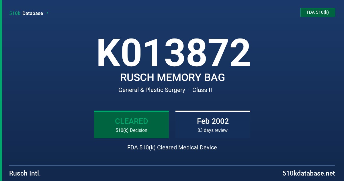 K013872 RUSCH MEMORY BAG FDA 510(k) Cleared Medical Device