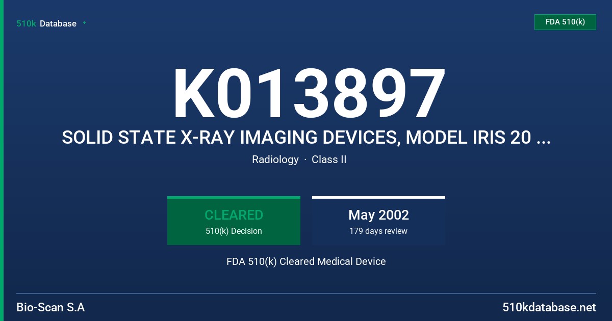 K013897 SOLID STATE X-RAY IMAGING DEVICES, MODEL IRIS 20 AND IRIS 41 WITH IRIS VIEW FDA 510(k) Cleared Medical Device