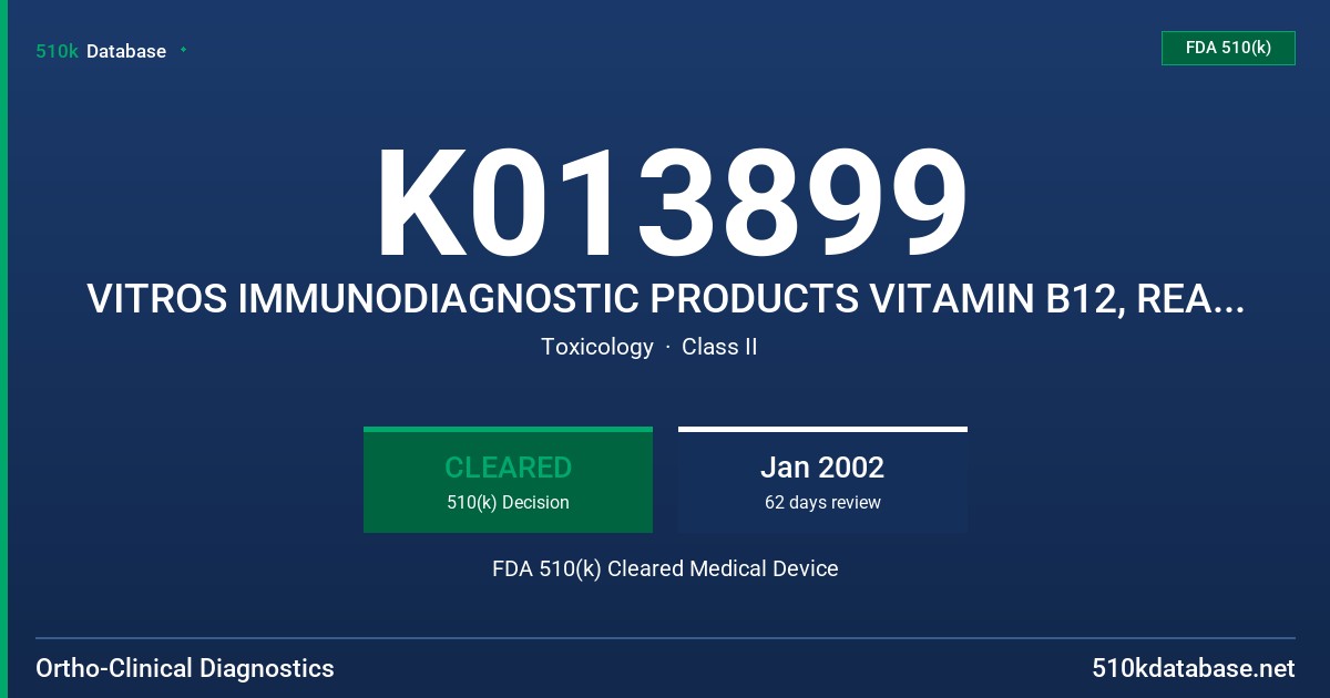 K013899 VITROS IMMUNODIAGNOSTIC PRODUCTS VITAMIN B12, REAGENT PACK 1/2, FOLATE REAGENT PACK 3, CALIBRATORS FDA 510(k) Cleared Medical Device