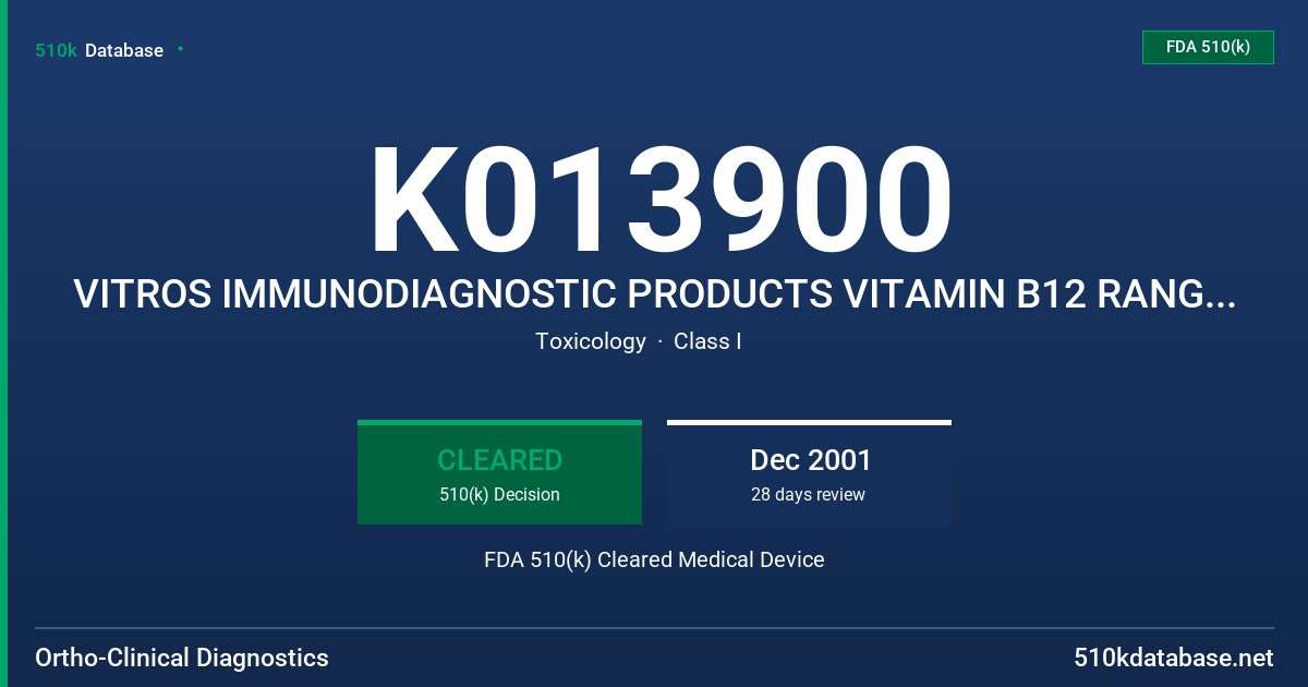 K013900 VITROS IMMUNODIAGNOSTIC PRODUCTS VITAMIN B12 RANGE VERIFIERS FDA 510(k) Cleared Medical Device