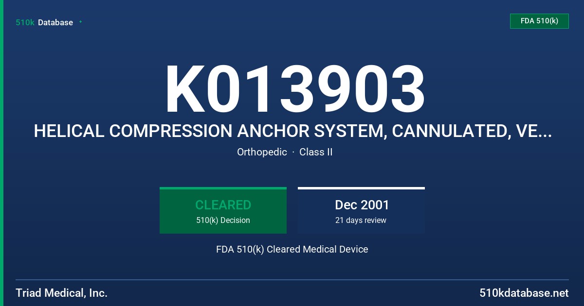 K013903 HELICAL COMPRESSION ANCHOR SYSTEM, CANNULATED, VERSION 2 FDA 510(k) Cleared Medical Device