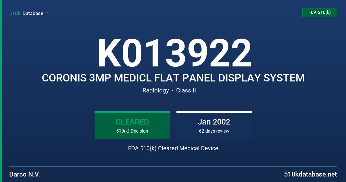 K013922 CORONIS 3MP MEDICL FLAT PANEL DISPLAY SYSTEM FDA 510(k) Cleared Medical Device