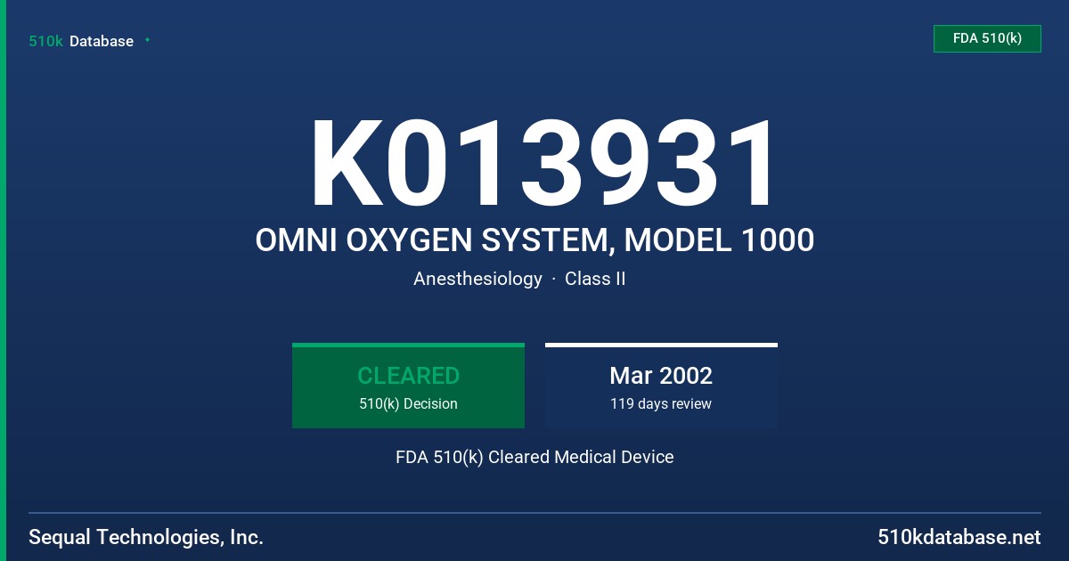 K013931 OMNI OXYGEN SYSTEM, MODEL 1000 FDA 510(k) Cleared Medical Device