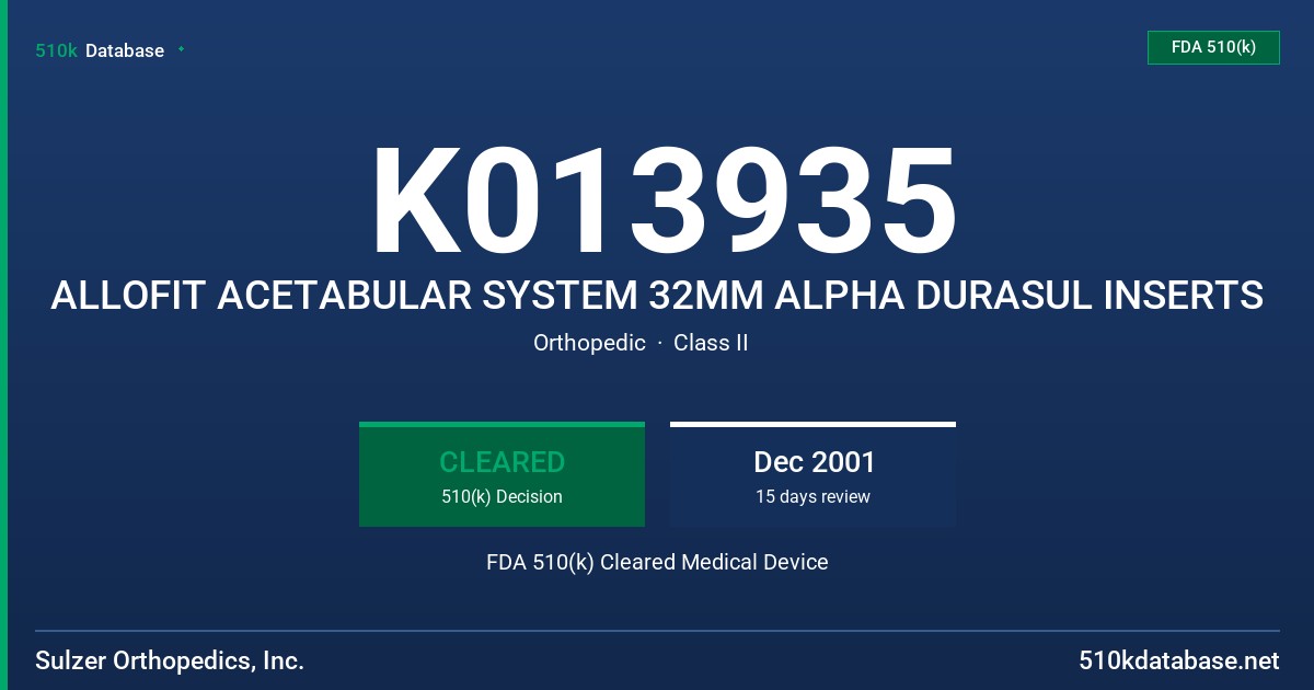 K013935 ALLOFIT ACETABULAR SYSTEM 32MM ALPHA DURASUL INSERTS FDA 510(k) Cleared Medical Device