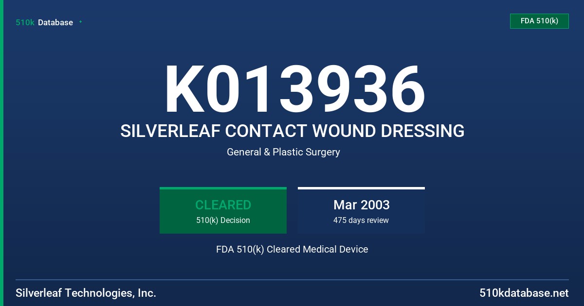 K013936 SILVERLEAF CONTACT WOUND DRESSING FDA 510(k) Cleared Medical Device