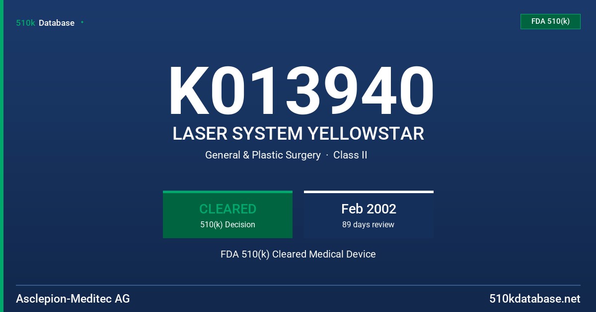 K013940 LASER SYSTEM YELLOWSTAR FDA 510(k) Cleared Medical Device