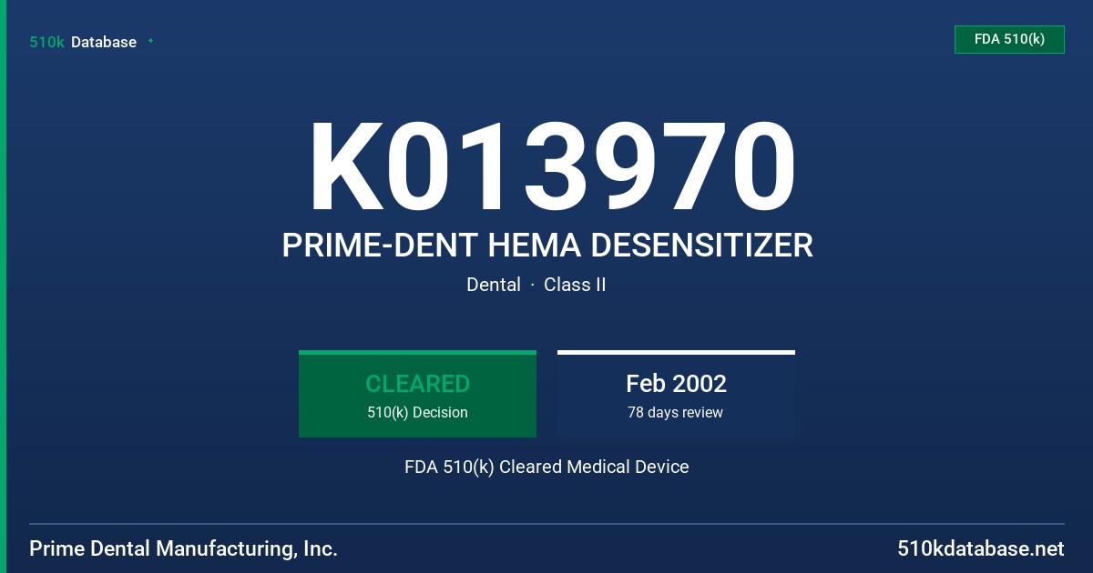 K013970 PRIME-DENT HEMA DESENSITIZER FDA 510(k) Cleared Medical Device