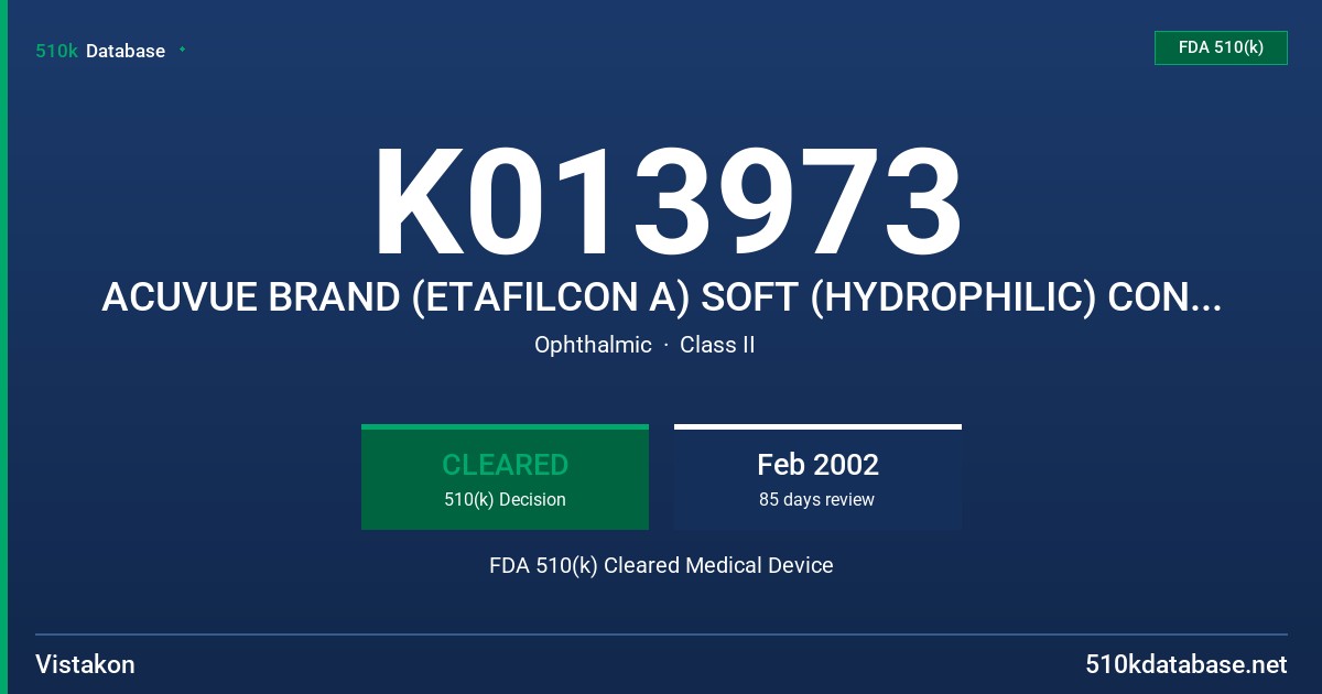 K013973 ACUVUE BRAND (ETAFILCON A) SOFT (HYDROPHILIC) CONTACT LENSES FDA 510(k) Cleared Medical Device