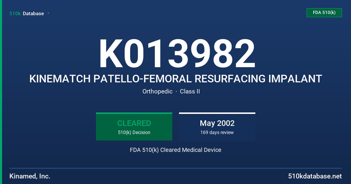 K013982 KINEMATCH PATELLO-FEMORAL RESURFACING IMPALANT FDA 510(k) Cleared Medical Device