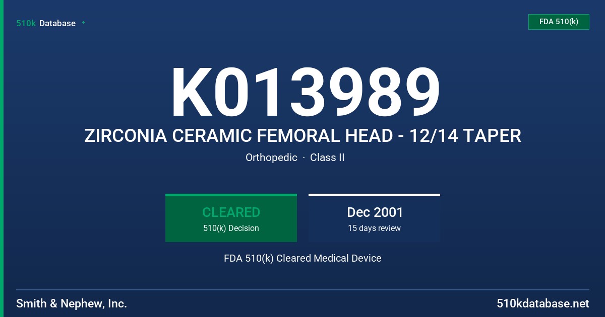 K013989 ZIRCONIA CERAMIC FEMORAL HEAD - 12/14 TAPER FDA 510(k) Cleared Medical Device
