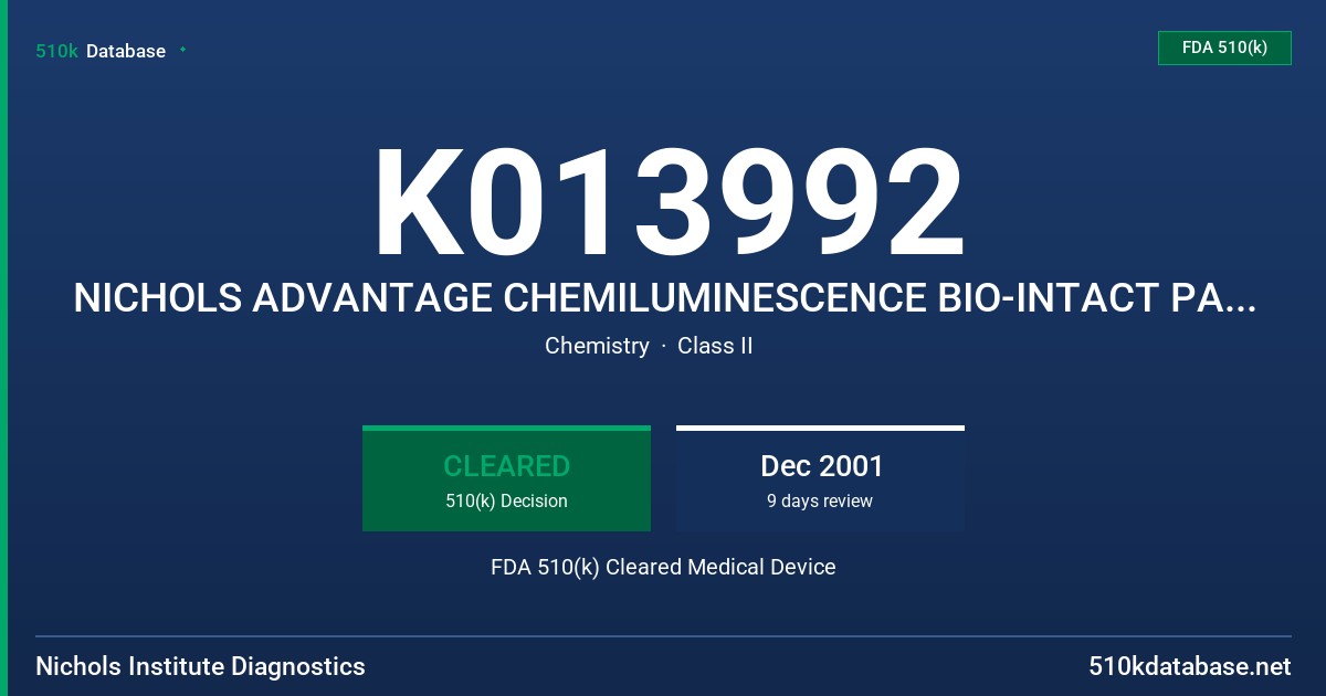 K013992 NICHOLS ADVANTAGE CHEMILUMINESCENCE BIO-INTACT PARATHYROID HORMONE (1-84) IMMUNOASSAY FDA 510(k) Cleared Medical Device
