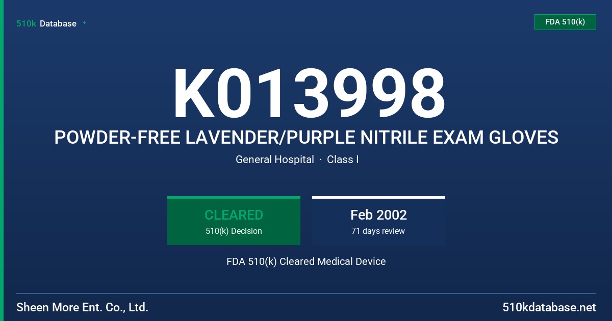 K013998 POWDER-FREE LAVENDER/PURPLE NITRILE EXAM GLOVES FDA 510(k) Cleared Medical Device