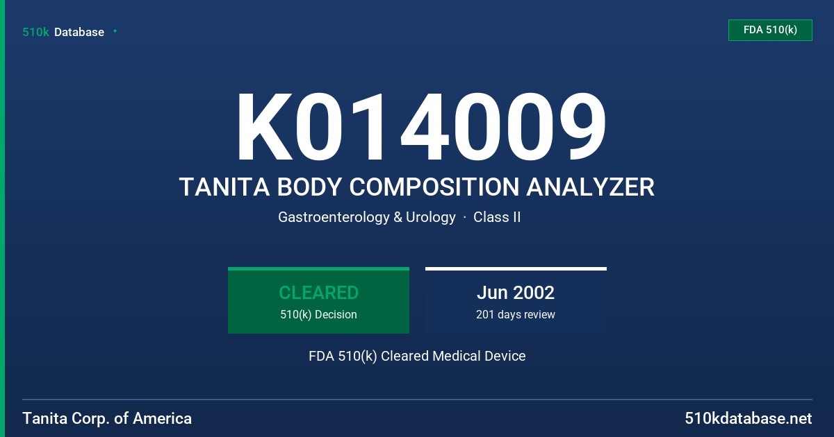 K014009 TANITA BODY COMPOSITION ANALYZER FDA 510(k) Cleared Medical Device