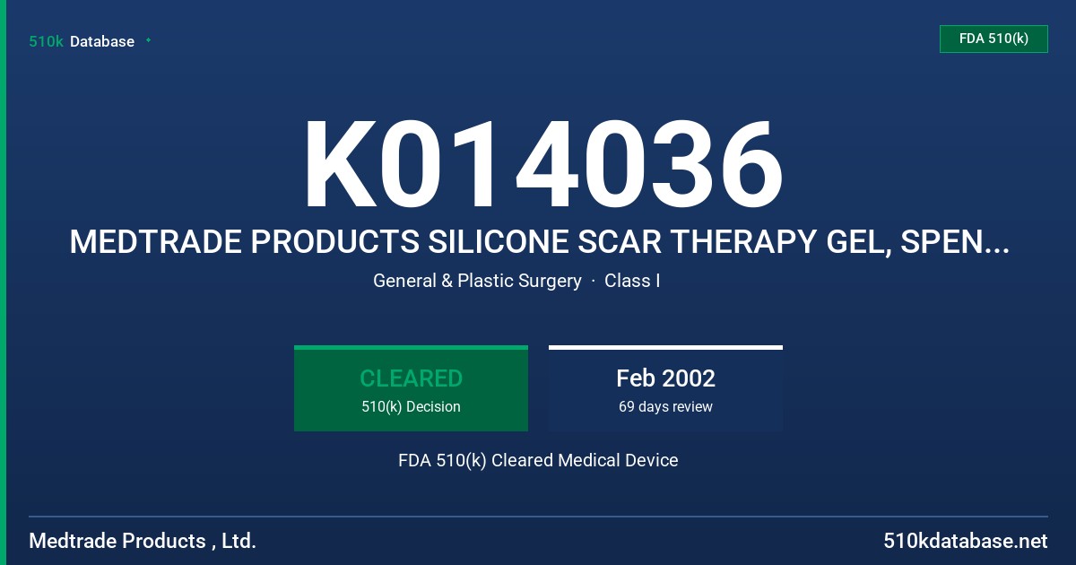 K014036 MEDTRADE PRODUCTS SILICONE SCAR THERAPY GEL, SPENCO MEDICAL CORP. 2ND SKIN SILICONE SCAR THERAPY GEL, MODEL 09916030. FDA 510(k) Cleared Medical Device
