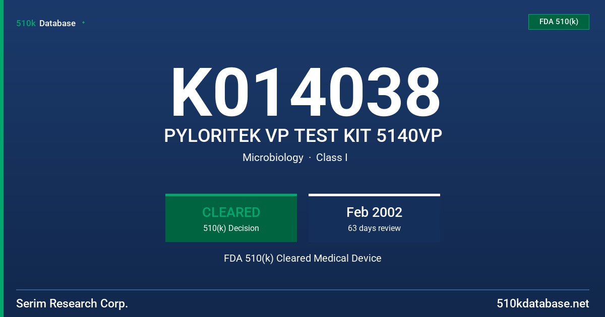 K014038 PYLORITEK VP TEST KIT 5140VP FDA 510(k) Cleared Medical Device