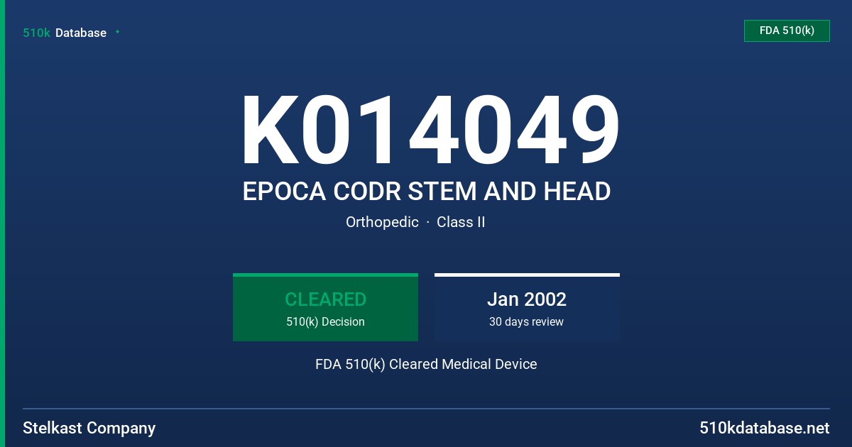 K014049 EPOCA CODR STEM AND HEAD FDA 510(k) Cleared Medical Device