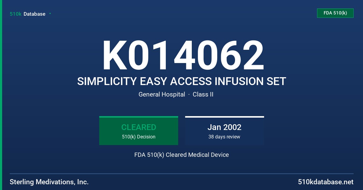 K014062 SIMPLICITY EASY ACCESS INFUSION SET FDA 510(k) Cleared Medical Device