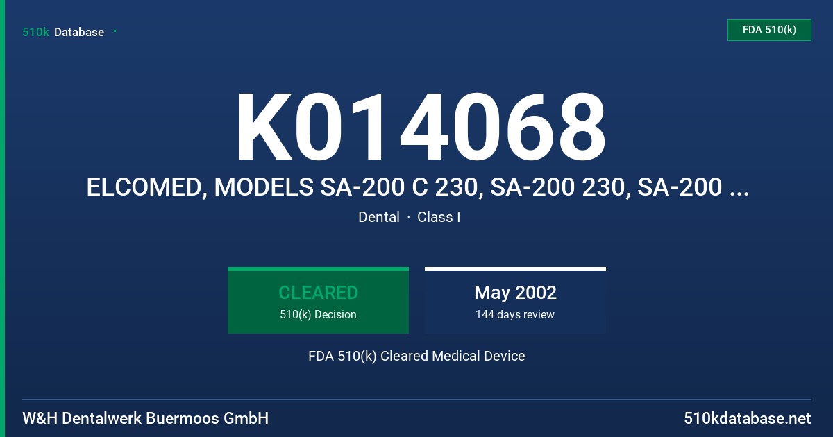 K014068 ELCOMED, MODELS SA-200 C 230, SA-200 230, SA-200 C 115, SA-200 115 FDA 510(k) Cleared Medical Device