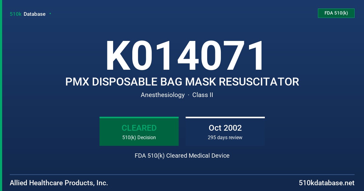 K014071 PMX DISPOSABLE BAG MASK RESUSCITATOR FDA 510(k) Cleared Medical Device
