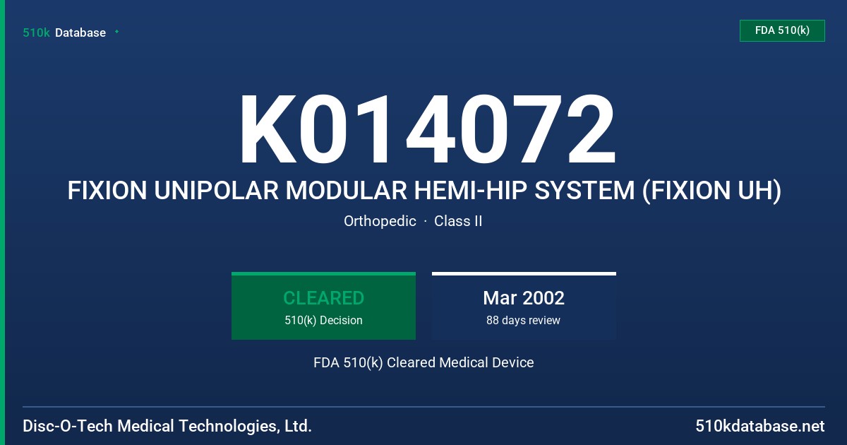 K014072 FIXION UNIPOLAR MODULAR HEMI-HIP SYSTEM (FIXION UH) FDA 510(k) Cleared Medical Device