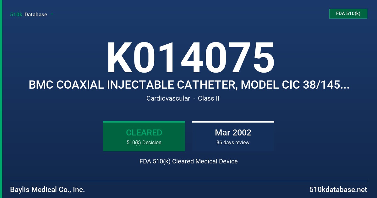 K014075 BMC COAXIAL INJECTABLE CATHETER, MODEL CIC 38/145 AND CIC 35/145 FDA 510(k) Cleared Medical Device