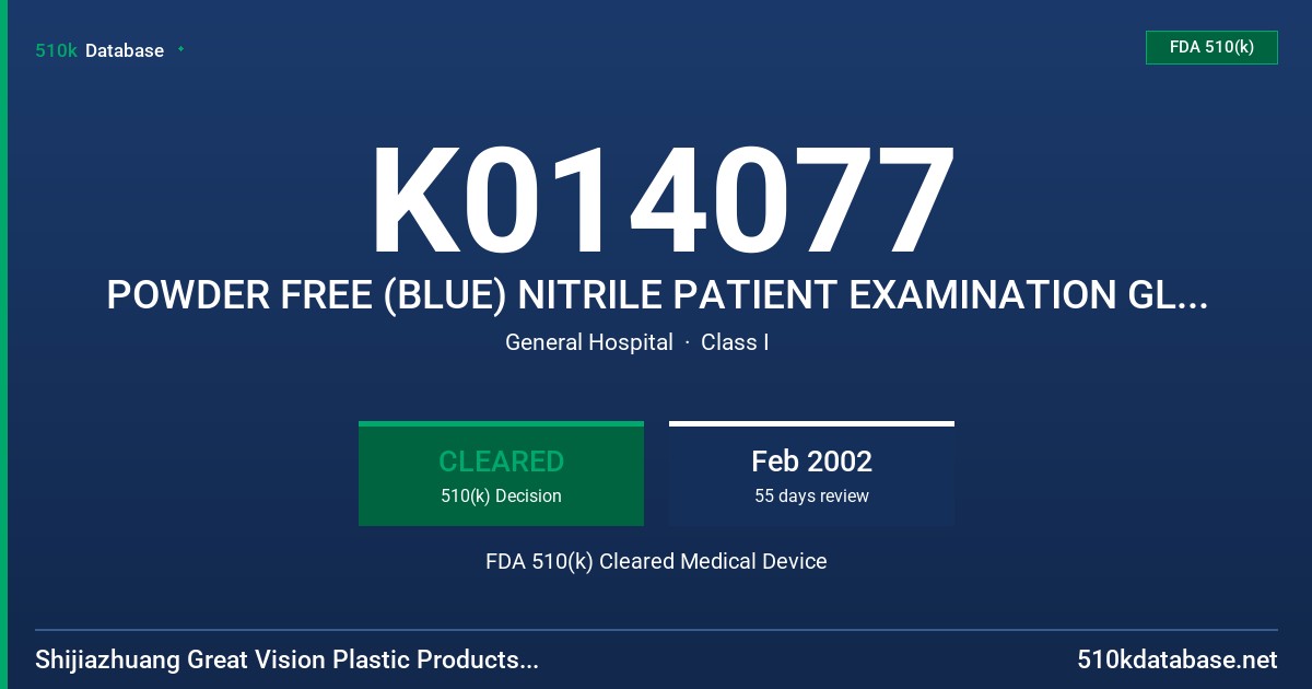 K014077 POWDER FREE (BLUE) NITRILE PATIENT EXAMINATION GLOVES FDA 510(k) Cleared Medical Device