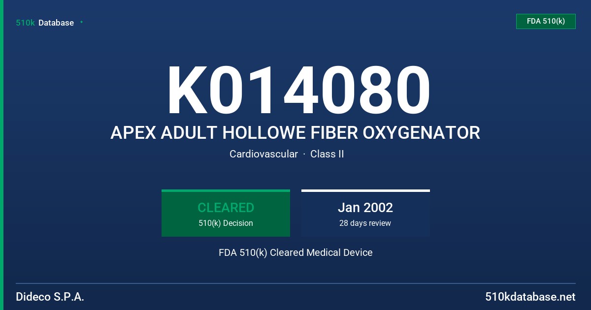 K014080 APEX ADULT HOLLOWE FIBER OXYGENATOR FDA 510(k) Cleared Medical Device