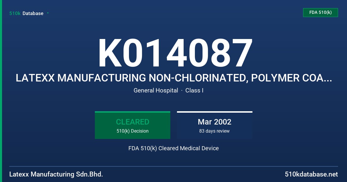 K014087 LATEXX MANUFACTURING NON-CHLORINATED, POLYMER COATED, POWDER-FREE RUBBER LATEX EXAMINATION GLOVE FDA 510(k) Cleared Medical Device