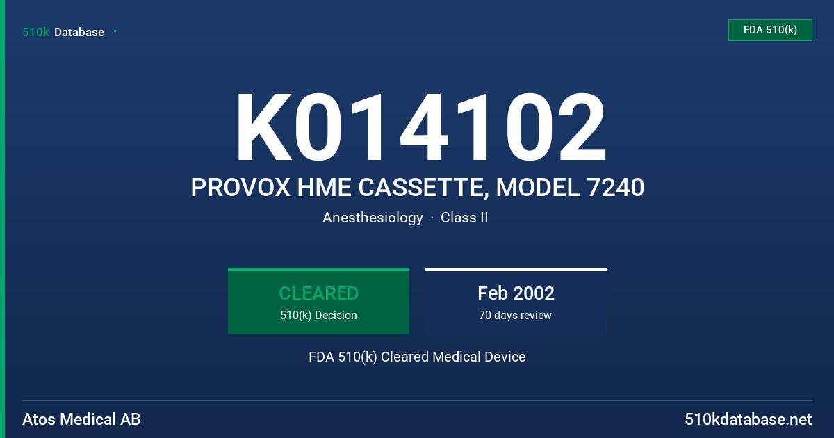 K014102 PROVOX HME CASSETTE, MODEL 7240 FDA 510(k) Cleared Medical Device