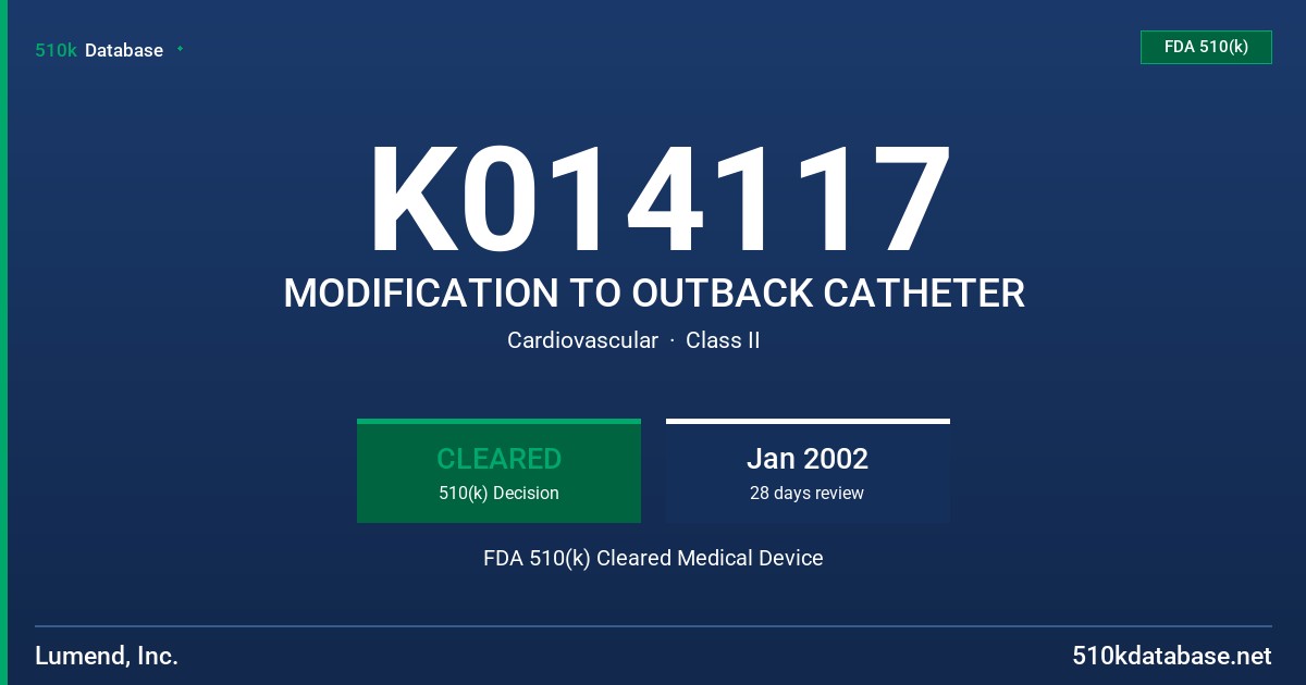 K014117 MODIFICATION TO OUTBACK CATHETER FDA 510(k) Cleared Medical Device