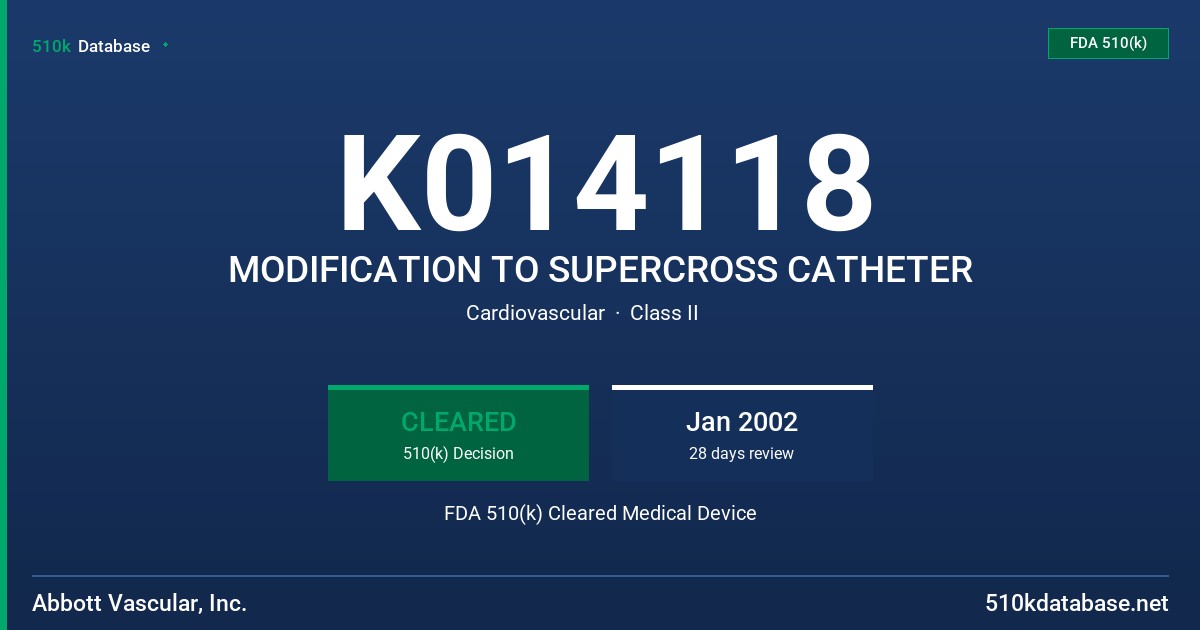 K014118 MODIFICATION TO SUPERCROSS CATHETER FDA 510(k) Cleared Medical Device