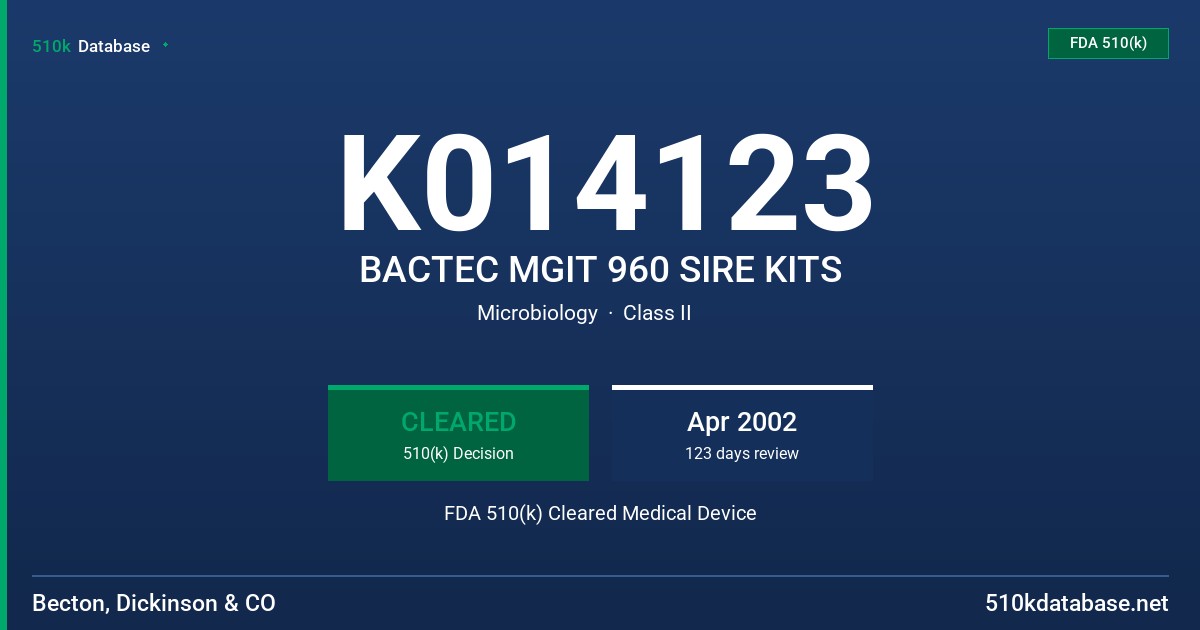 K014123 BACTEC MGIT 960 SIRE KITS FDA 510(k) Cleared Medical Device