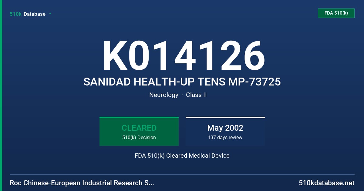 K014126 SANIDAD HEALTH-UP TENS MP-73725 FDA 510(k) Cleared Medical Device
