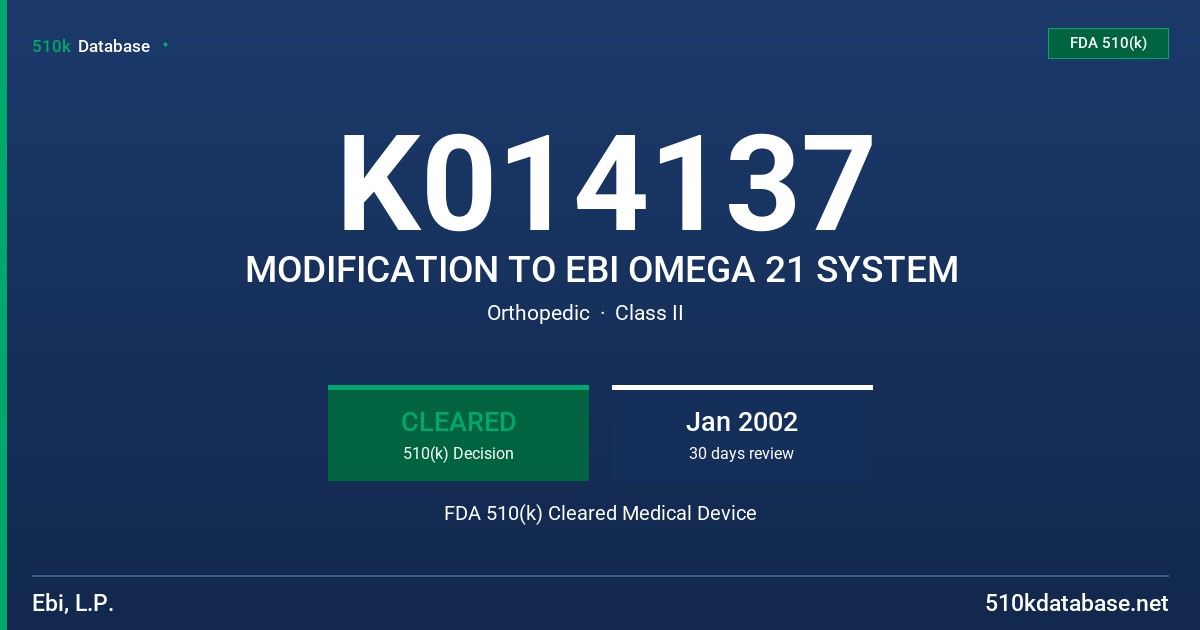 K014137 MODIFICATION TO EBI OMEGA 21 SYSTEM FDA 510(k) Cleared Medical Device