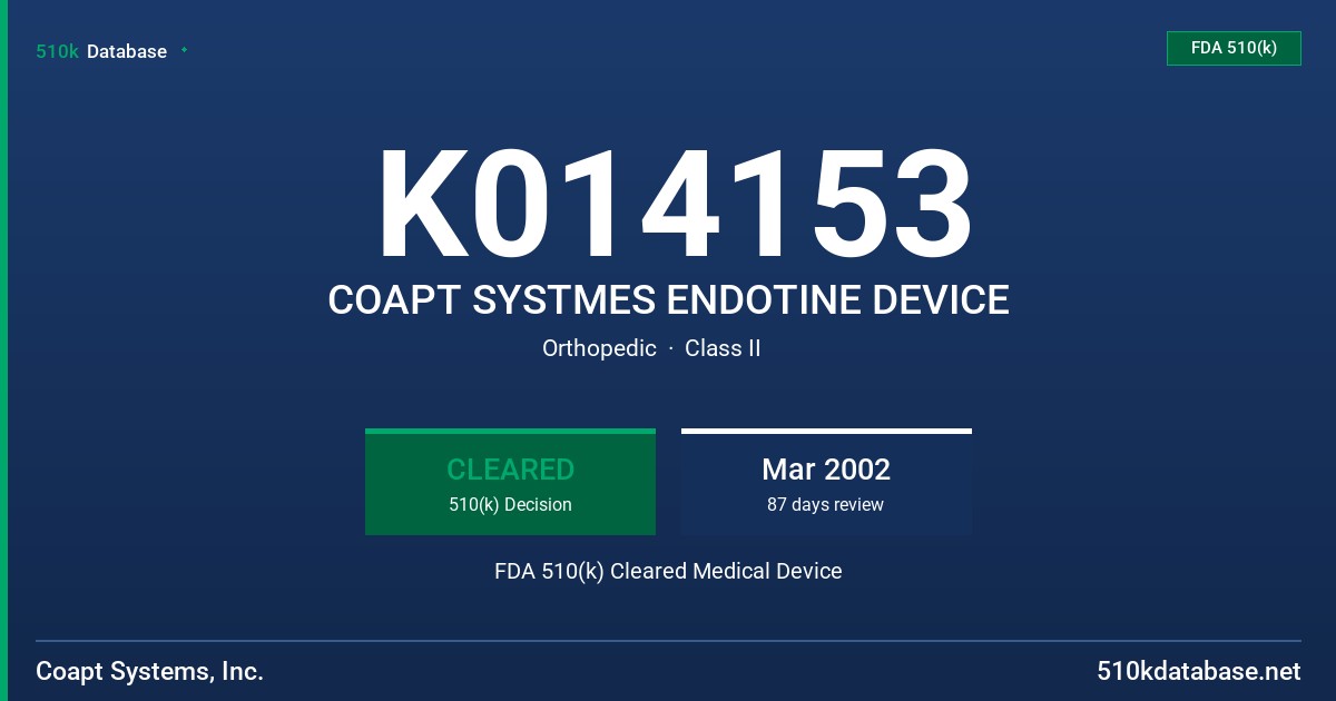 K014153 COAPT SYSTMES ENDOTINE DEVICE FDA 510(k) Cleared Medical Device