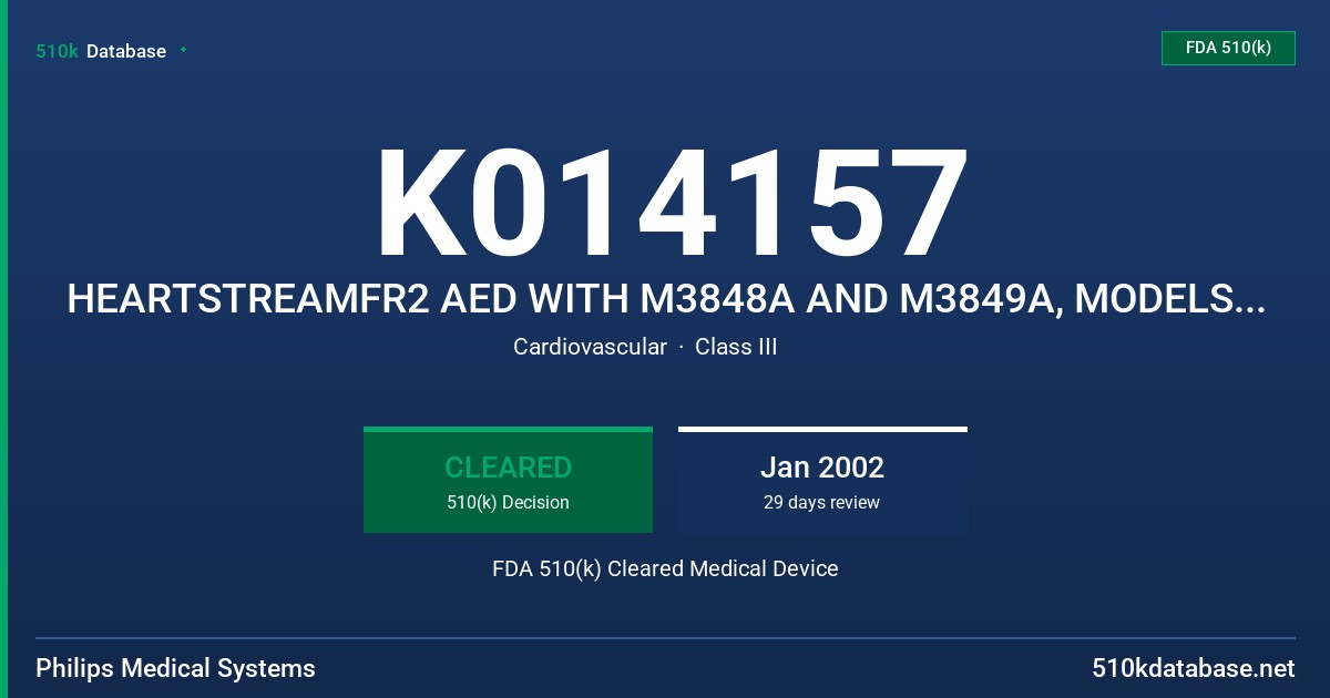 K014157 HEARTSTREAMFR2 AED WITH M3848A AND M3849A, MODELS M3860A, M3861, M3840A, M3841A FDA 510(k) Cleared Medical Device