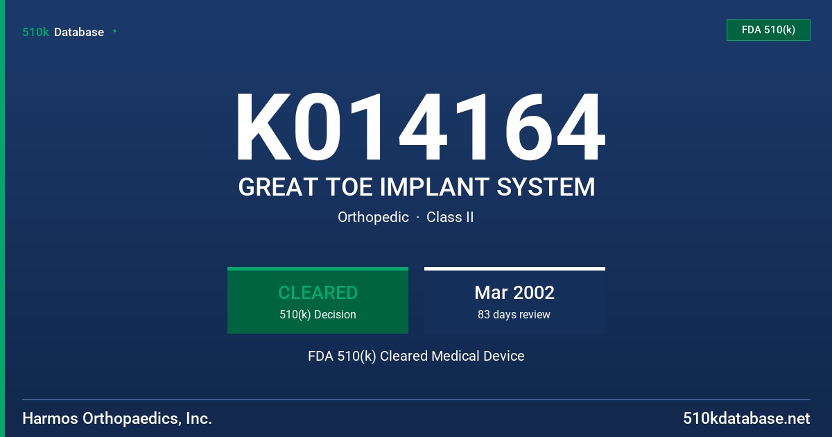 K014164 GREAT TOE IMPLANT SYSTEM FDA 510(k) Cleared Medical Device