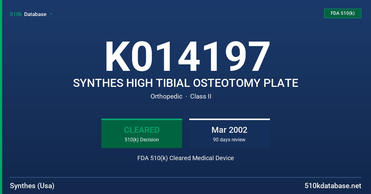 K014197 SYNTHES HIGH TIBIAL OSTEOTOMY PLATE FDA 510(k) Cleared Medical Device