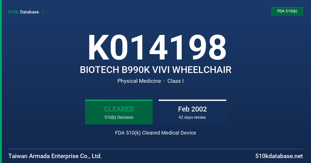 K014198 BIOTECH B990K VIVI WHEELCHAIR FDA 510(k) Cleared Medical Device
