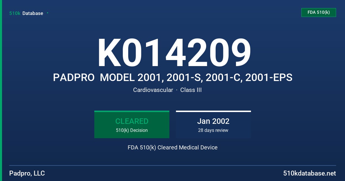 K014209 PADPRO  MODEL 2001, 2001-S, 2001-C, 2001-EPS FDA 510(k) Cleared Medical Device