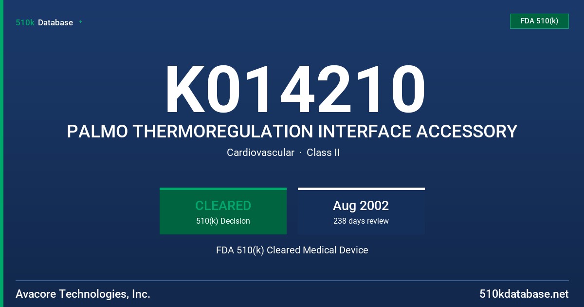 K014210 PALMO THERMOREGULATION INTERFACE ACCESSORY FDA 510(k) Cleared Medical Device