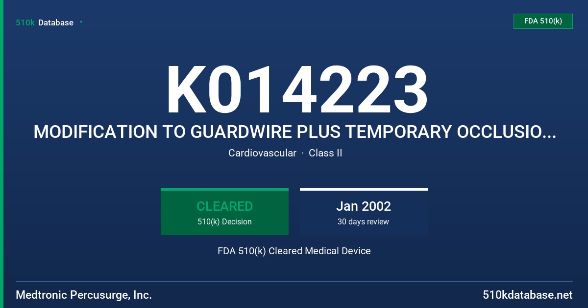 K014223 MODIFICATION TO GUARDWIRE PLUS TEMPORARY OCCLUSION & ASPIRATION SYSTEM FDA 510(k) Cleared Medical Device