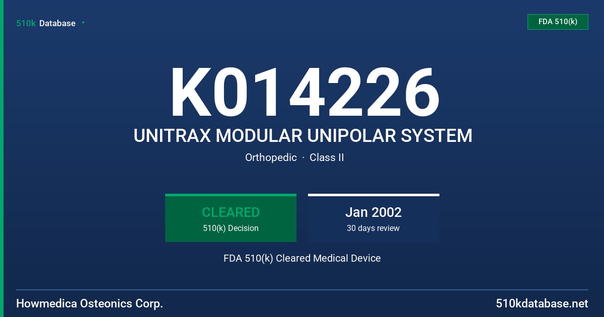 K014226 UNITRAX MODULAR UNIPOLAR SYSTEM FDA 510(k) Cleared Medical Device