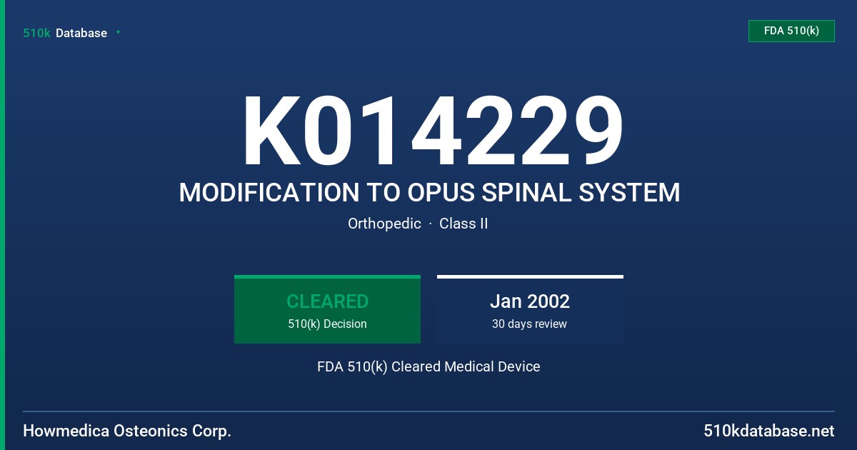 K014229 MODIFICATION TO OPUS SPINAL SYSTEM FDA 510(k) Cleared Medical Device